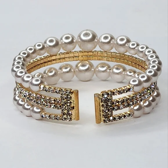 Multi-layer Pearl & Rhinestone Crystal Wrap Stretch Open Cuff Women's Bracelet - Picture 4 of 5
